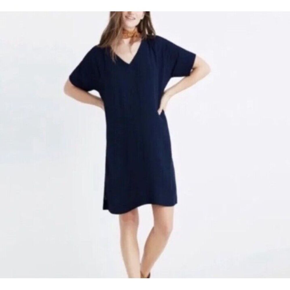 MADEWELL Women's Dress L NOVEL‎ Shift Dress V-Neck Dolman Sleeve Crepe Blue